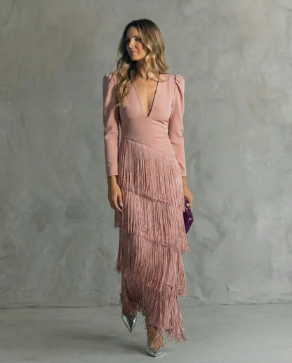 Clara™ | Elegante midi-jurk met franjes aan de mouwen