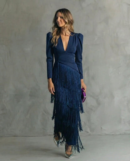 Clara™ | Elegante midi-jurk met franjes aan de mouwen