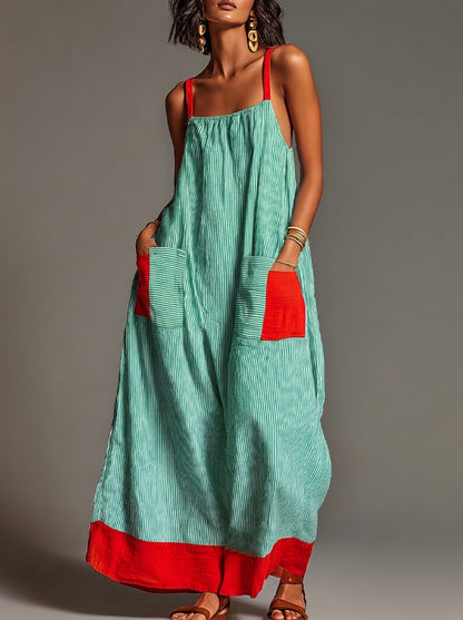 Mara · Vestido Maxi Lino Rayas Color Block con Bolsillos