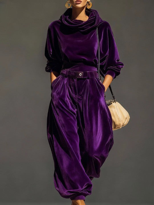 Conjunto de sudadera de terciopelo marrón vintage y pantalones holgados (Incluye cinturón)